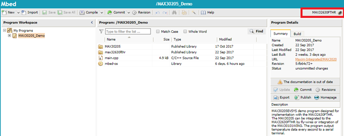 Figure 7. Highlights the target microcontroller selection area of the Mbed compiler window. Figure 7. Highlights the target microcontroller selection area of the Mbed compiler window.