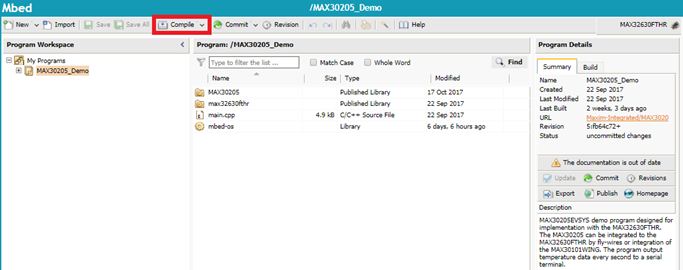 Figure 8. Highlights the Compile command button in the Mbed compiler with a red box. Figure 8. Highlights the Compile command button in the Mbed compiler with a red box.