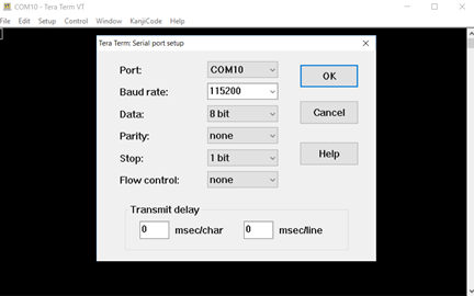 Figure 11. Displays 115200bps baud rate selected in Tera Term. Figure 11. Displays 115200bps baud rate selected in Tera Term.
