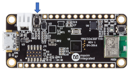 Figure 12. The reset button is SW1 on the MAX32630FTHR. Figure 12. The reset button is SW1 on the MAX32630FTHR.