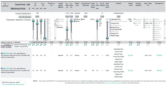 Start the regulator search with the supplier's parametric search tables. This is an example of the search on the Maxim Integrated website.