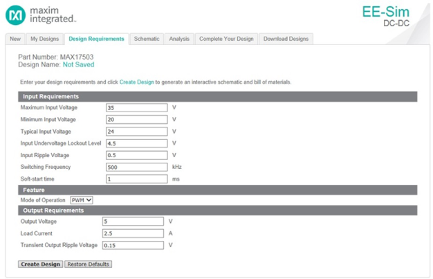 Enter the design requirement parameters.