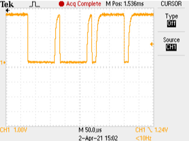1-Wire line rising edges of an onboard DS28E18 at 10cm and 1000Ω RPUP