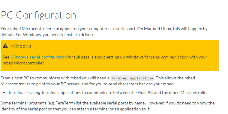 Displays PC Configuration section of the MAX32630FTHR Mbed landing page.