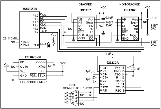 Figure 4. DS87C520 Microprocessor DS232A Serial Port Transmitter, and Two DS1267s Daisy-Chained on a 3-Wire Bus.