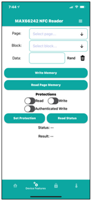 Device features tab of the mobile application