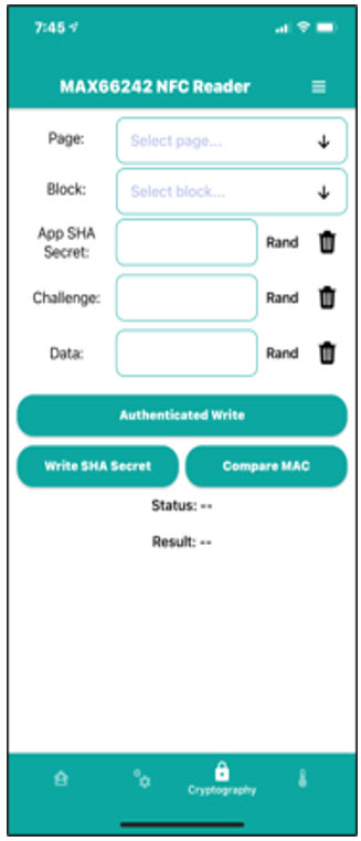 Cryptography tab of the mobile application