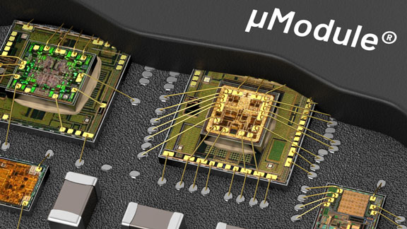 3D cutaway illustration of a micromodule with exposed silicon and discrete components.