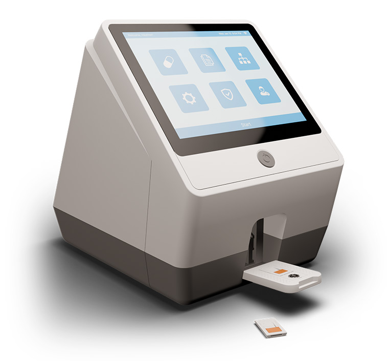 Point-of-care medical diagnostic device with a touchscreen interface and a cartridge inserted for testing.