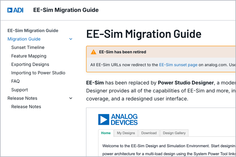EE-Sim Migration Guide page with information for transitioning to Power Studio Designer.