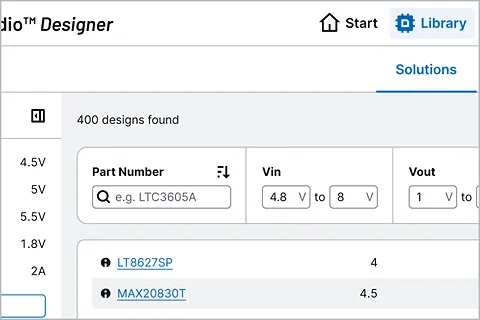 ADI Power Studio Designer interface on the Library, Solutions tab, showing an intelligent searchable table with vin, vout filters and part names.