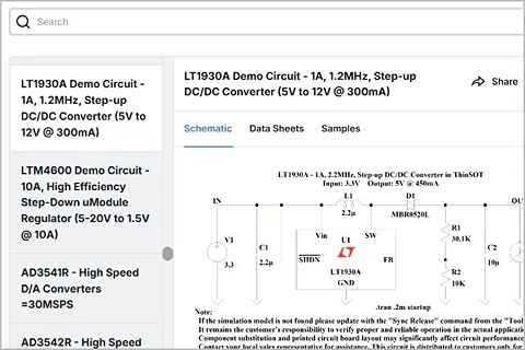 Interface of LTspice showing LT1930A demo circuit schematic for a step-up DC/DC converter with input and output specifications.