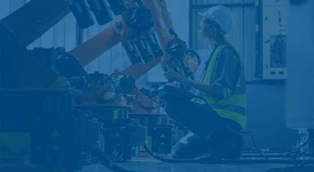 Engineer in hard hat and safety vest kneels, operating a control panel near several large orange industrial robots in a factory.