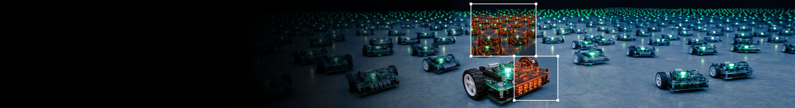 Swarm of circuit board robots with green lights and orange network.