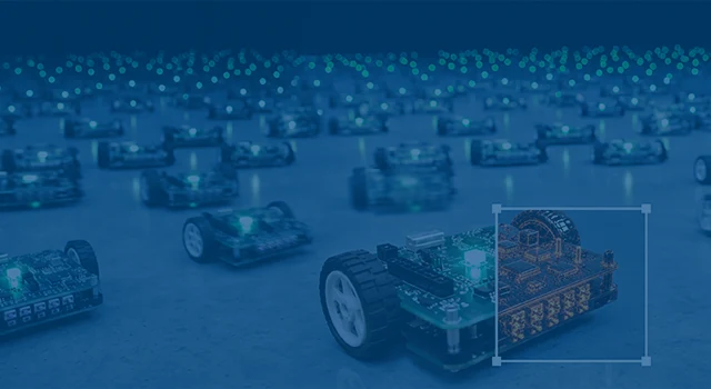 Swarm of circuit board robots with green lights and orange network.