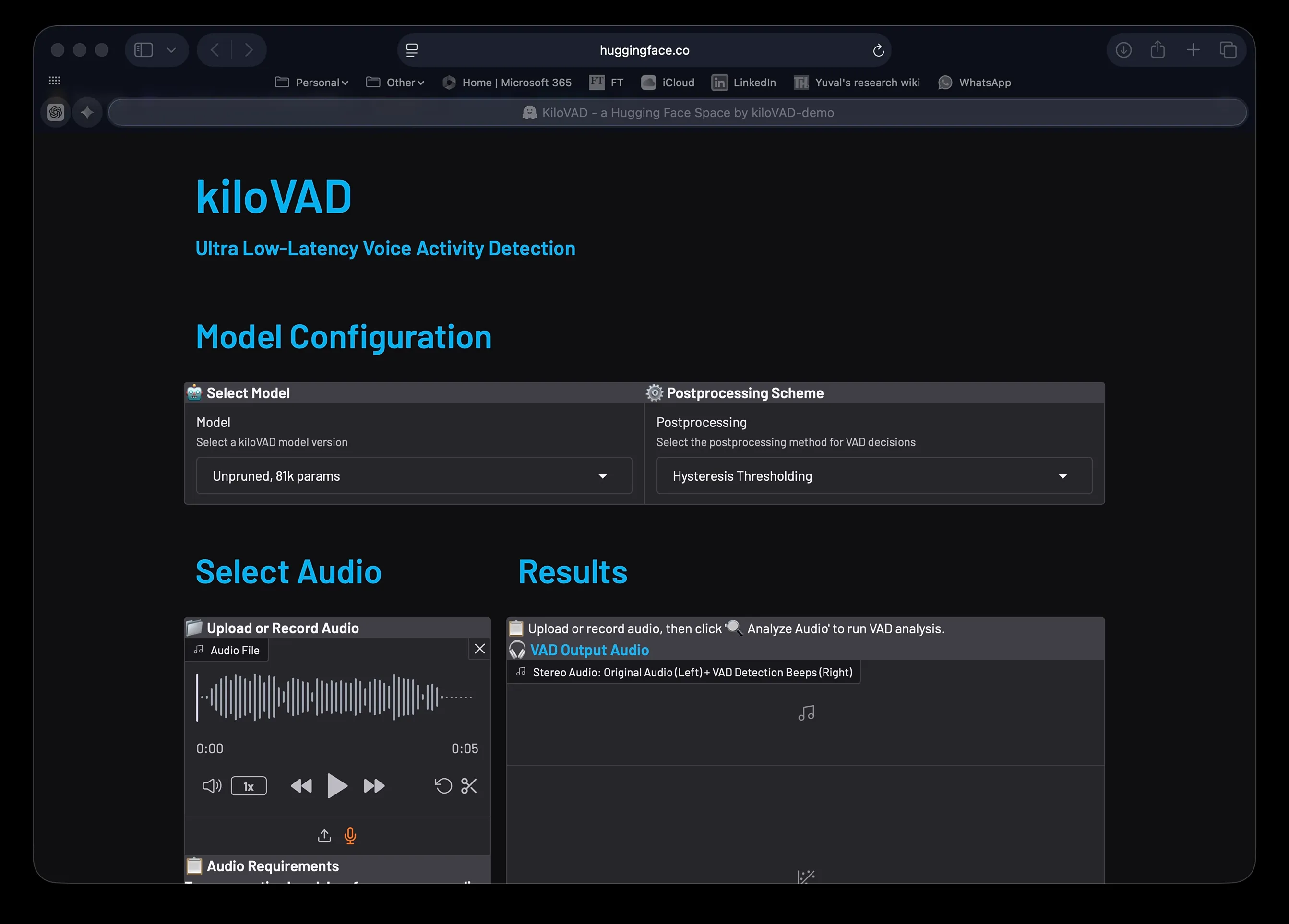 Hugging Face kiloVAD demo with model config, audio, and results.