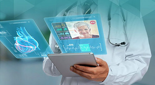 Doctor holding a tablet with floating digital medical interfaces, including a heart diagram and a patient video call screen.