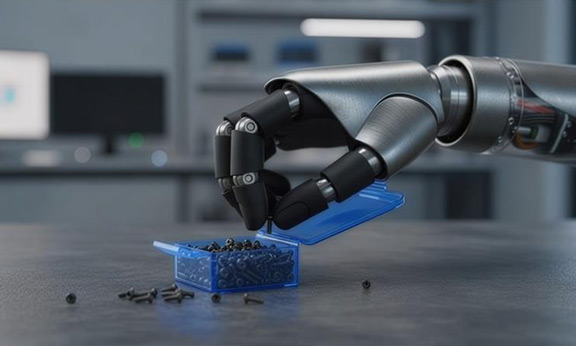 Robotic hand picking a screw from a blue container.