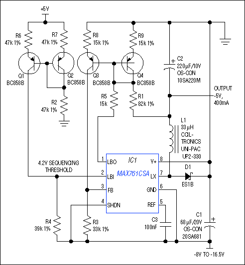 图1. 这个负电压降压型转换器从一个-12V左右的电源产生-5V,并和另外一个独立的+5V电源保持正确的上电和掉电顺序。