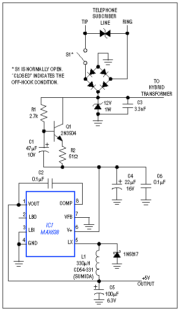 Figure 1. This circuit draws line power in the off-hook condition and delivers as much as 250mW at the 5V output, while maintaining normal voice (or data) communications over the phone lines. class=