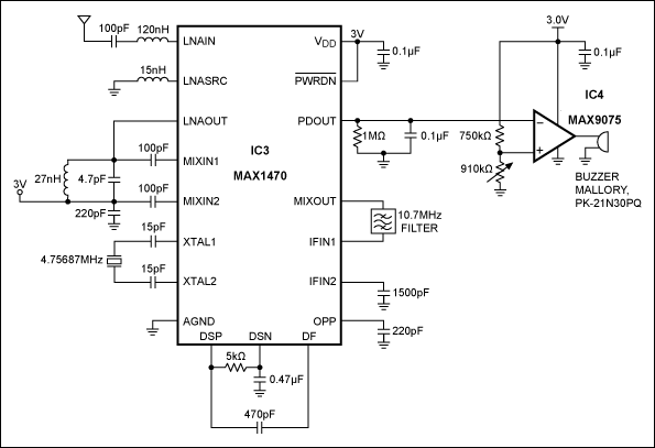 Figure 2. IC3 and IC4 form the ASK receiver with audible alarm.
