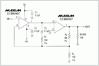 Figure 1. This composite amplifier, based on a dual video-amplifier IC, provides a 40dB gain and 10MHz bandwidth while driving a 150 ohm load.