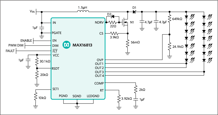 Figure 2. A typical boost application circuit for use in HUDs. The MAX16813 HB LED driver is again featured. This boost configuration would be used when the LED string voltage is greater than the maximum expected input voltage.
