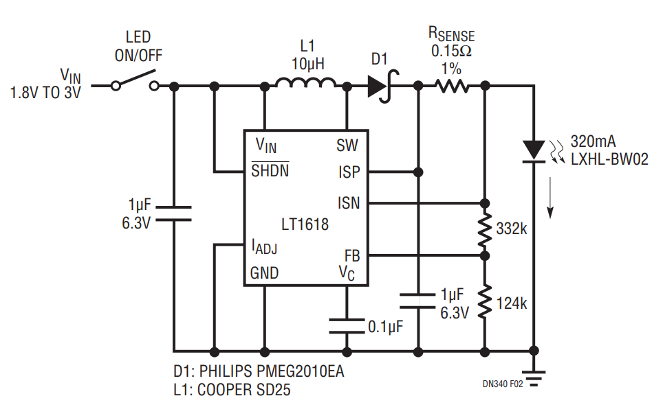 Figure 2. The LT1618 Powers the LXHL-BWO2 White LED from Two Alkaline Cells with 85% Efficiency.