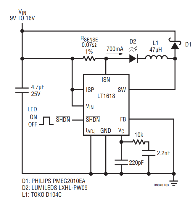 Figure 3. The LT1618 Powers the LXHL-PW09 White LED from an Automotive Battery with 70% Efficiency.
