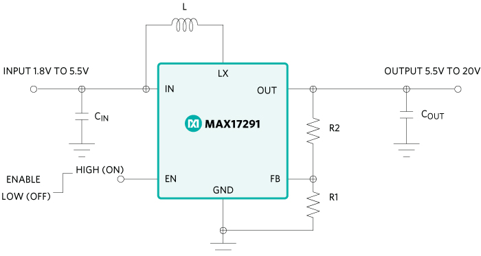 Application circuit of the MAX17291 boost converter