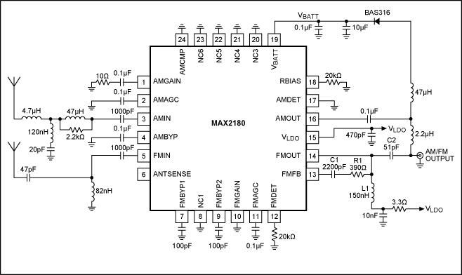 图3. 采用MAX2180双天线解决方案应用原理图。