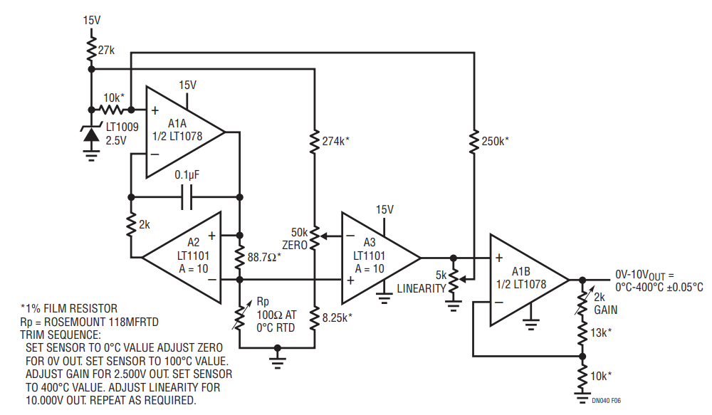Figure 6. Linearized Platinum RTD Bridge. Feedback to Bridge from A3 Linearizes the Circuit.