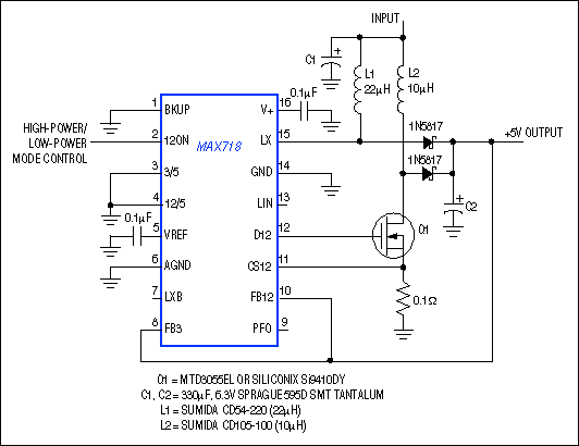 Figure 1. This IC, designed as a power-supply controller for palmtop computers with flash memory, includes two switching regulators. Combining the outputs with a diode-OR connection and common feedback produces an efficient 5V output with surge-current capability.
