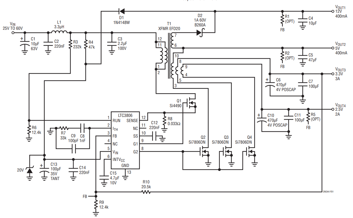 Figure 1. Multiple Output Synchronous Flyback Converter