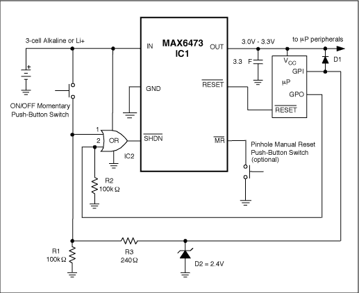 Figure 1. This 1-button turn-on/turn-off circuit is implemented with an LDO and a single OR gate.