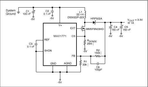 Figure 1. The connections shown allow this dc-dc boost converter to derive +3.3V from a -5V supply. 