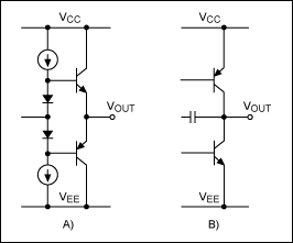 Figure 1. Output stages: A) a conventional op amp output; B) a 