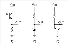 Figure 3. A illustrates a linear emitter follower; B is a Zener diode; and C is a transistor connected as a Zener diode.