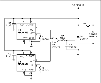 Figure 1. This thermal-protection circuit includes a crowbar device (D1) driven by thermal switches U1 and U2.