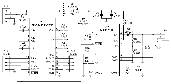 Figure 1. Connecting an RS-232 transceiver (IC1) to this step-up dc/dc converter (IC2) as shown provides the converter with a true-shutdown capability.
