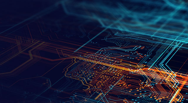 Glowing blue and orange circuit pathways illustrating the intricate flow of digital data.