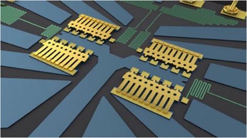 Close-up graphic showing four MEMS cantilever switch beams