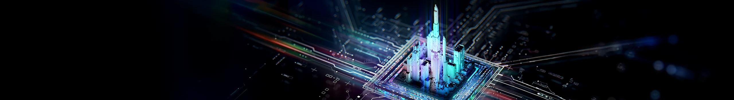 A stylized city embedded within a glowing circuit board.