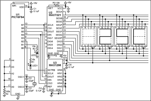 Figure 1. With an assembly-language routine and the free assembler, this circuit allows an 8-bit µC to implement a 12-bit digital thermometer.