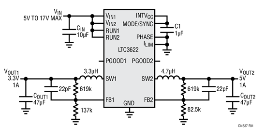 A Dual-1A Converter with 3.3V and 5V Outputs, fSW = 1 MHz