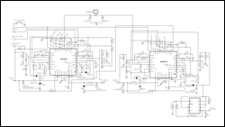 图10. 多DSL (VDSL/ADSL)电源管理。输入:5.5V至7V, 输出: VOUT1 = 1.2V/1.5A, VOUT2 = 1.8V/1A, VOUT3 = 3.3V/1A, VOUT4 = 12.8V/200mA。每个变换器的开关频率为2.2MHz,组合开关频率相当于8.8MHz。开关频率与系统时钟同步。