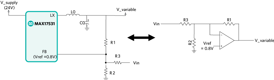Figure 2. Variable power supply circuit as an ideal op-amp circuit.