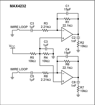 图1. MAX4232双运放的RF噪声抑制能力测试电路