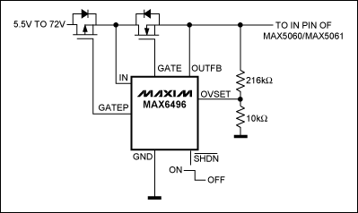 图5. 这个电路将MAX5060/MAX5061的输入电压限制在28V，并保护电路免受电池反接故障的损坏