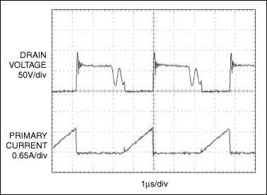 图2. 这个示波器照片显示了图1电路工作于V<sub>IN</sub> = 36V、V<sub>OUT</sub> = 5V、I<sub>OUT</sub> = 1A时的状态。开关MOSFET (Q1)漏极电压(上面的波形)以50V/div显示，初级电流(下面的波形)为0.65A/div。